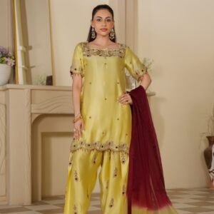 Sonal Lime Yellow Embellished Silk Kaftan Style Suit with Maroon Dupatta