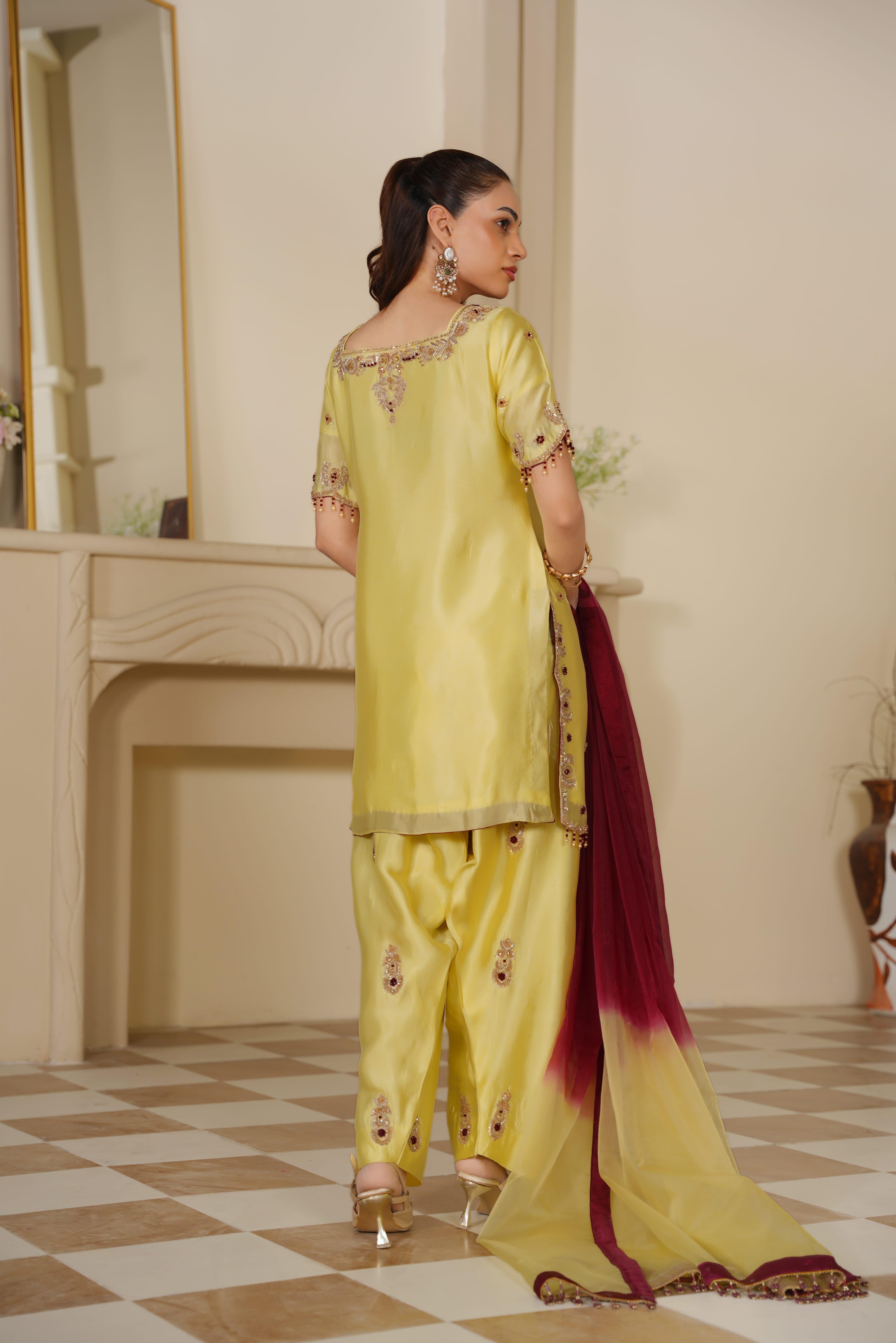 Sonal Lime Yellow Embellished Silk Kaftan Style Suit with Maroon Dupatta