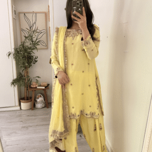 Soft Lemon Yellow Embroidered Suit with Elegant Gold